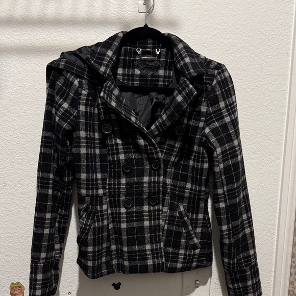 Jou Jou Black and Gray Plaid Pea Coat - Picture 1 of 2